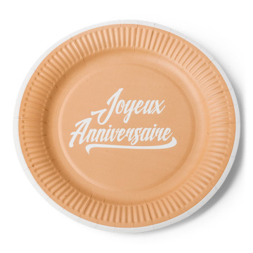 Lot de 12 assiettes jetables Joyeux anniversaire Kraft et blanc en carton D 23