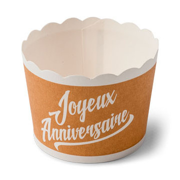 Lot de 25 cakes cup Joyeux anniversaire Kraft et blanc en carton D 6 cm