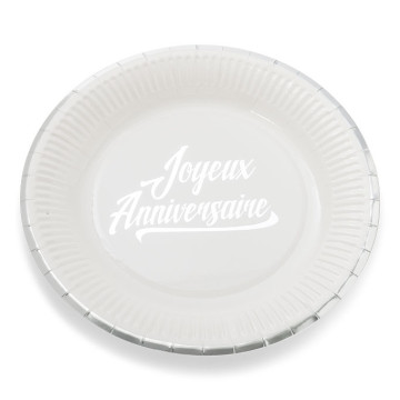 Lot de 12 assiettes jetables Joyeux anniversaire blanc et argent  en carton D 23