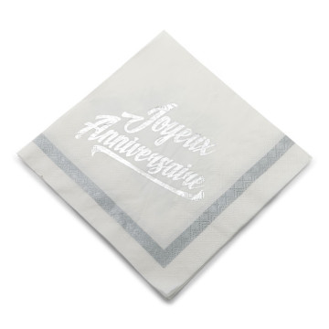 Lot de 20 serviettes jetables Joyeux anniversaire blanc et argent en papier 3 pl