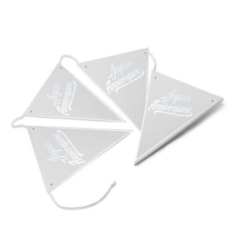 Guirlande de 20 fanions Joyeux anniversaire blanc et argent + ficelle