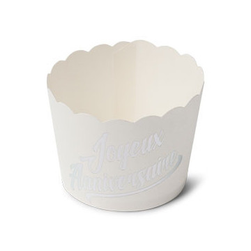 Lot de 25 cakes cup Joyeux anniversaire blanc et argent en carton D 6 cm