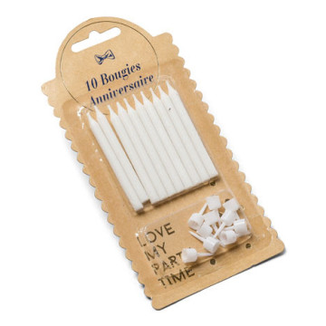 Lot de 10 bougies Blanc pailleté + bobèche 6 cm