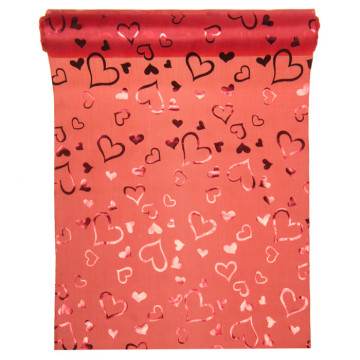 Chemin de table satin rouge cœurs rouges 28 cm x 5 m