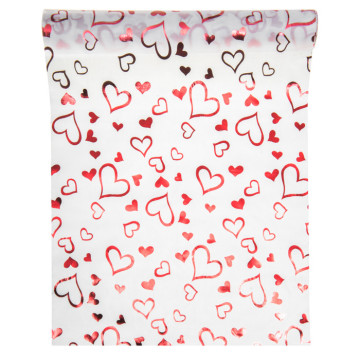Chemin de table satin blanc cœurs rouges 28 cm x 5 m