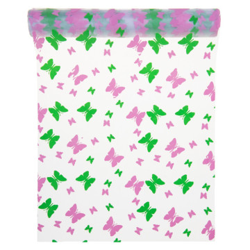 Chemin de table transparent papillons roses et verts28 cm x 5 m