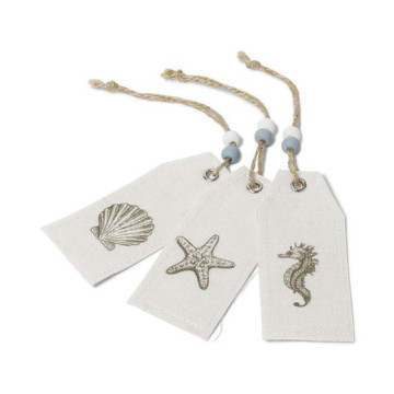 Lot de 6 étiquettes Lin imprimé coquillage 9 x 4 cm
