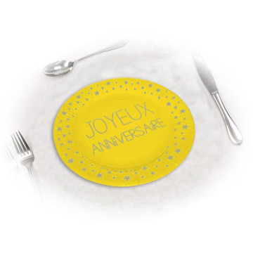 Lot de 6 assiettes anniversaire Jaune soleil D 18 cm