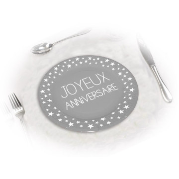 Lot de 6 assiettes anniversaire Gris perle D 23 cm