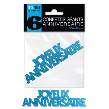 Lot de 6 confettis géants Joyeux anniversaire bleu océan pailleté