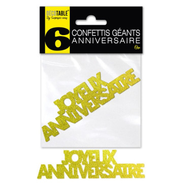 Lot de 6 confettis géants Joyeux anniversaire or pailleté