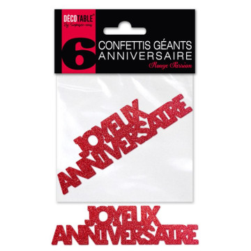 Lot de 6 confettis géants Joyeux anniversaire rouge passion pailleté