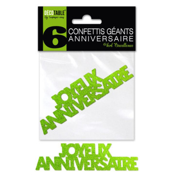 Lot de 6 confettis géants Joyeux anniversaire vert excellence pailleté