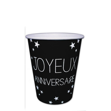 Lot de 6 gobelets jetables  Anniversaire noir pur 25 cl