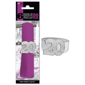 Lot de 6 ronds de serviette 20 ans argent pailleté