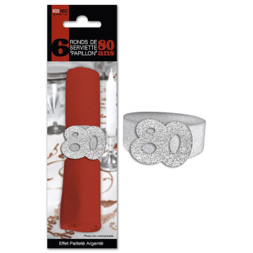 Lot de 6 ronds de serviette 80 ans argent pailleté