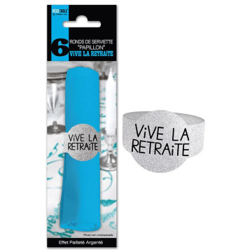 Lot de 6 ronds de serviette Vive la Retraite argent pailleté