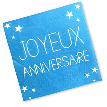 Lot de 24 serviettes jetables Joyeux Anniversaire bleu océan 3 plis