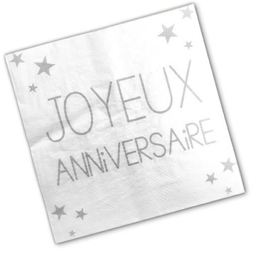 Lot de 24 serviettes jetables Joyeux Anniversaire blanc albâtre 3 plis