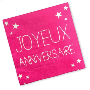 Lot de 24 serviettes jetables Joyeux Anniversaire fuschia 3 plis