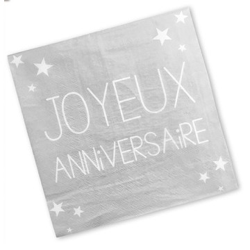 Lot de 24 serviettes jetables Joyeux Anniversaire gris perle 3 plis