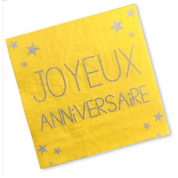 Lot de 24 serviettes jetables Joyeux Anniversaire jaune soleil 3 plis