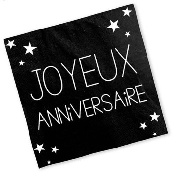 Lot de 24 serviettes jetables Joyeux Anniversaire noir pur 3 plis