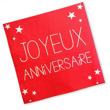 Lot de 24 serviettes jetables Joyeux Anniversaire rouge passion 3 plis