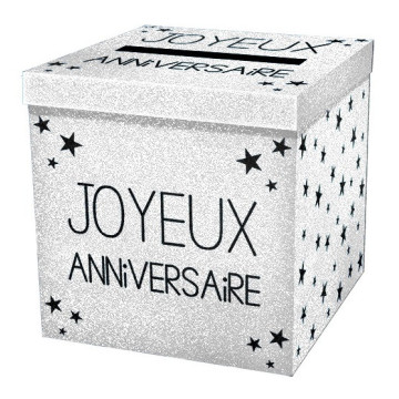 Urne  Joyeux Anniversaire blanc albâtre pailleté