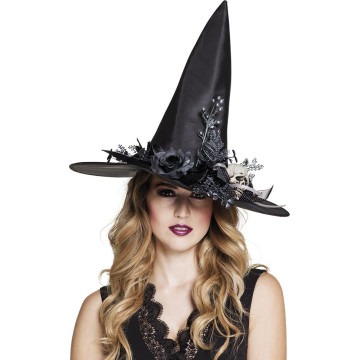 Chapeau de sorcière Skulla avec fleurs noires Halloween