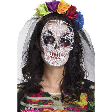 Tiare La Calaca avec voile et fleurs colorées Halloween