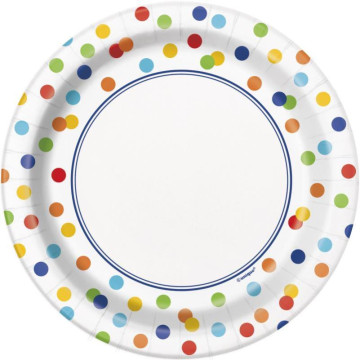 Lot de 8 assiettes jetables rondes en carton à pois multicolores 19 cm