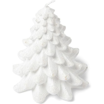 Bougie blanche sapin de Noël paillettes blanches 11,5 cm