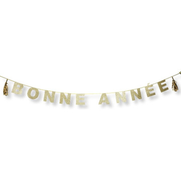 Guirlande Bonne Année et tassels paillettes or 15 cm x 3 m