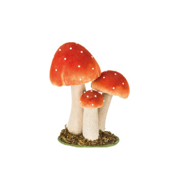 Champignons orange/blanc sur socle bois 19 x 12 x 24 cm