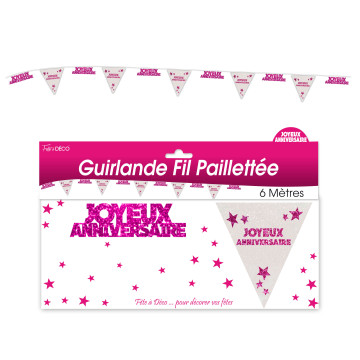 Guirlande Fil Joyeux Anniversaire Hologramme rose