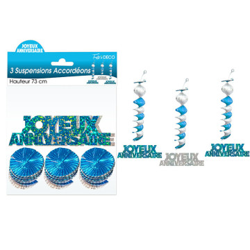 Lot de 3 Suspensions Accordéon Joyeux Anniversaire Hologramme bleu