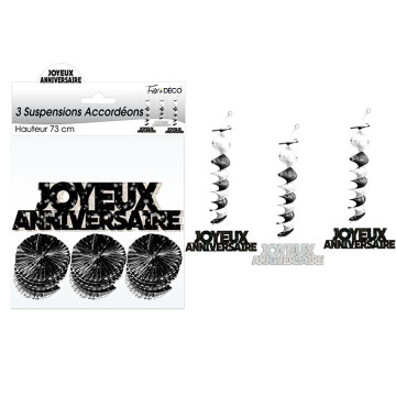 Lot de 3 Suspensions Accordéon Joyeux Anniversaire Hologramme noir