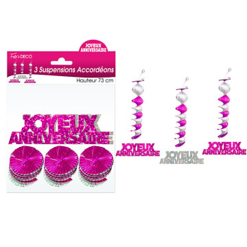 Lot de 3 Suspensions Accordéon Joyeux Anniversaire Hologramme rose