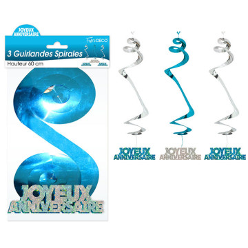 Lot de 3 Guirlandes Spirales Joyeux Anniversaire Hologramme bleues