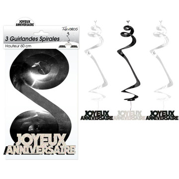 Lot de 3 Guirlandes Spirales Joyeux Anniversaire Hologramme noires