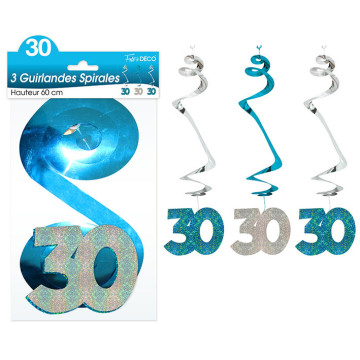 Lot de 4 Guirlandes Spirales 30 ans Hologramme bleues