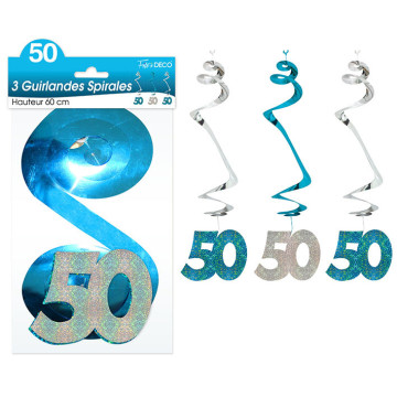 Lot de 3 Guirlandes Spirales 50 ans Hologramme bleues