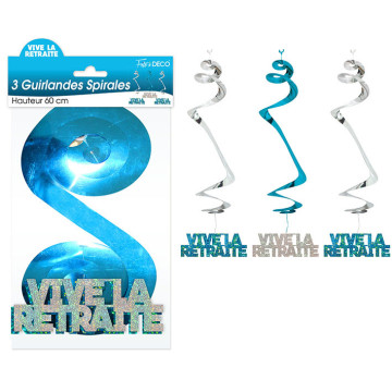 Lot de 3 Guirlandes Spirales Vive la retraite Hologramme bleues