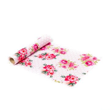Chemin de table Tea time fleuri tissu rose/blanc 28 cm x 5 m