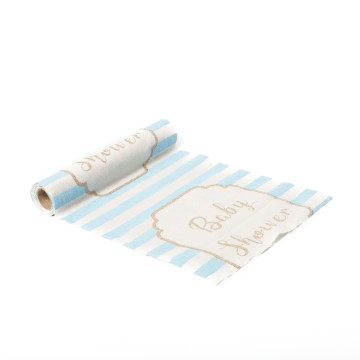 Chemin de table lin rayé ciel/blanc/or baby shower 28 cm x 5 m