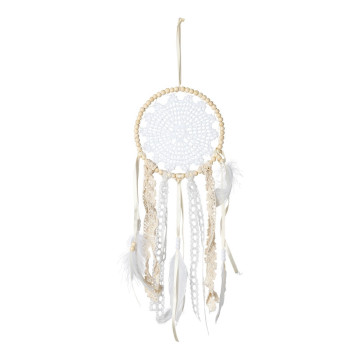 Attrape-rêves dentelle +perles ivoire/blanches 23 x 50 cm