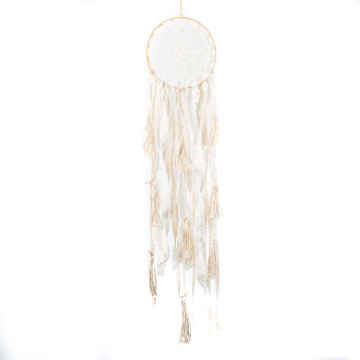 Attrape rêve pompons ivoire et lin blanc 23 x 70 cm