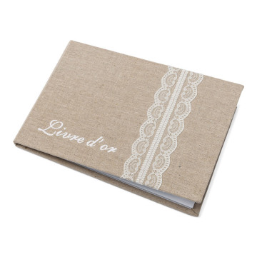 Livre d'or lin et dentelle 64 pages 24 x 16,5 cm