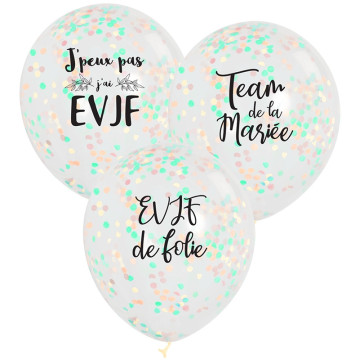 Lot de 3 ballons EVJF en latex confettis rose, blanc et argent